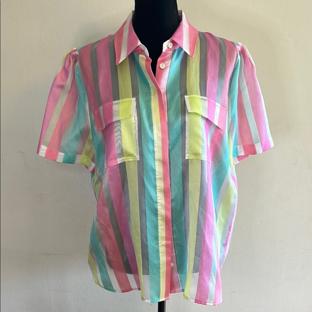 Halogen X Atlantic-Pacific Pink and Green Casual Button Down Shirt